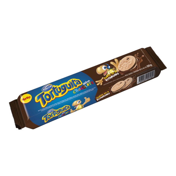 Biscoito Tortuguita Chocolate Recheado Morango 86g P0507S Biscoito Tortuguita Baunilha Recheado Chocolate 86g P0506S 